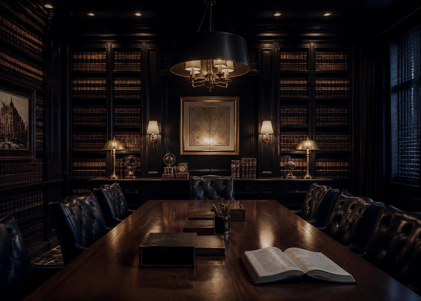 Dark wood conference room lined with law books at the firm's Dallas office